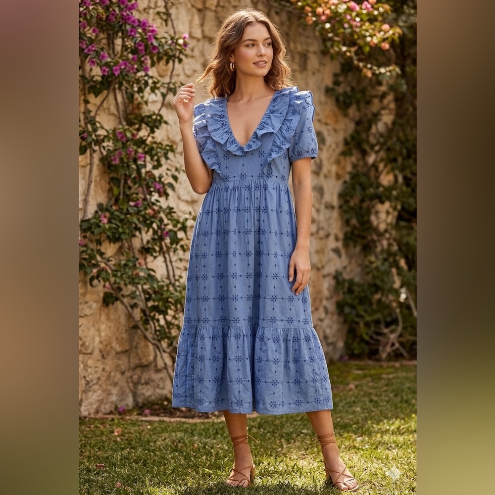 ZARA XL Midi Maxi Dress Blue Embroidered Ruffle Openwork Blogger Favorite